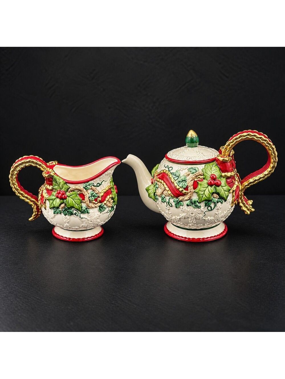 Vtg. Fitz and Floyd Christmas Teapot & Creamer Set Holly Ribbon Holiday Ceramic